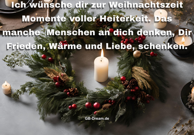 Ich wünsche dir zur Weihnachtszeit Momente voller Heiterkeit. Das manche <br />
Menschen an dich denken, Dir Frieden, Wärme und Liebe, schenken.